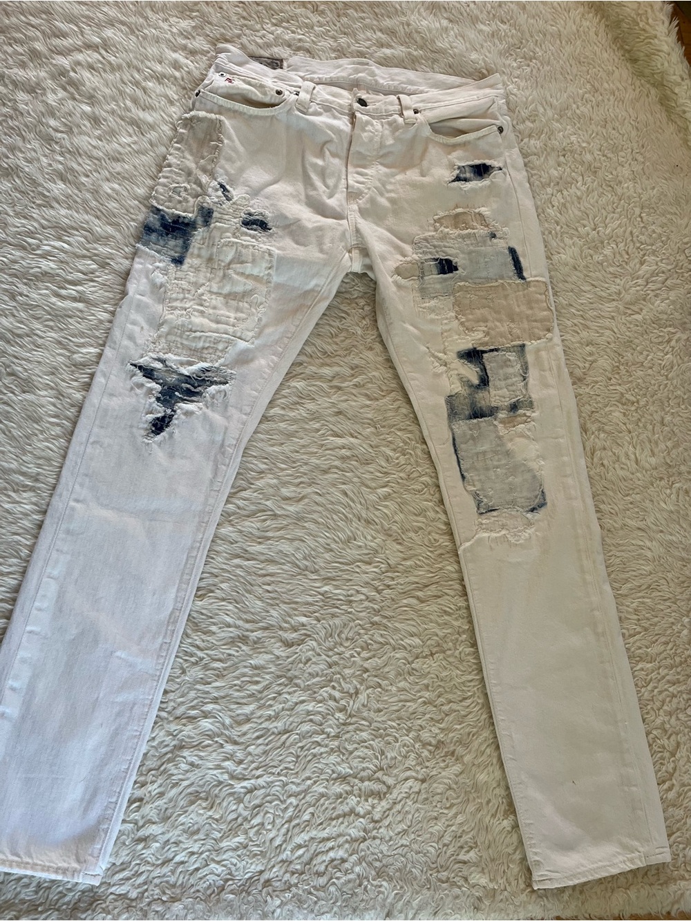 Ralph Lauren Polo Aztec Sashiko Patch Repaired White Jeans Men’s 35x33 Slim